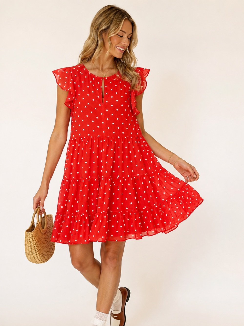 Tommy Hilfiger KeyholePolka Dot Flutter Sleeve Tiered Midi Dress | Size 6